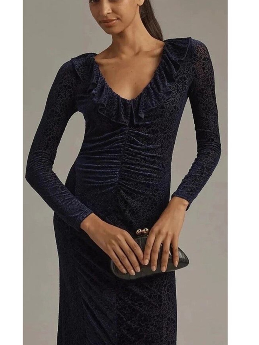 Anthropologie Navy Velvet Ruffle-Trim Long-Sleeve Dress